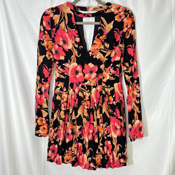 Free People Tegan Black Orange Floral Mini Dress Long Sleeves Keyhole Size 0 - Picture 4 of 8